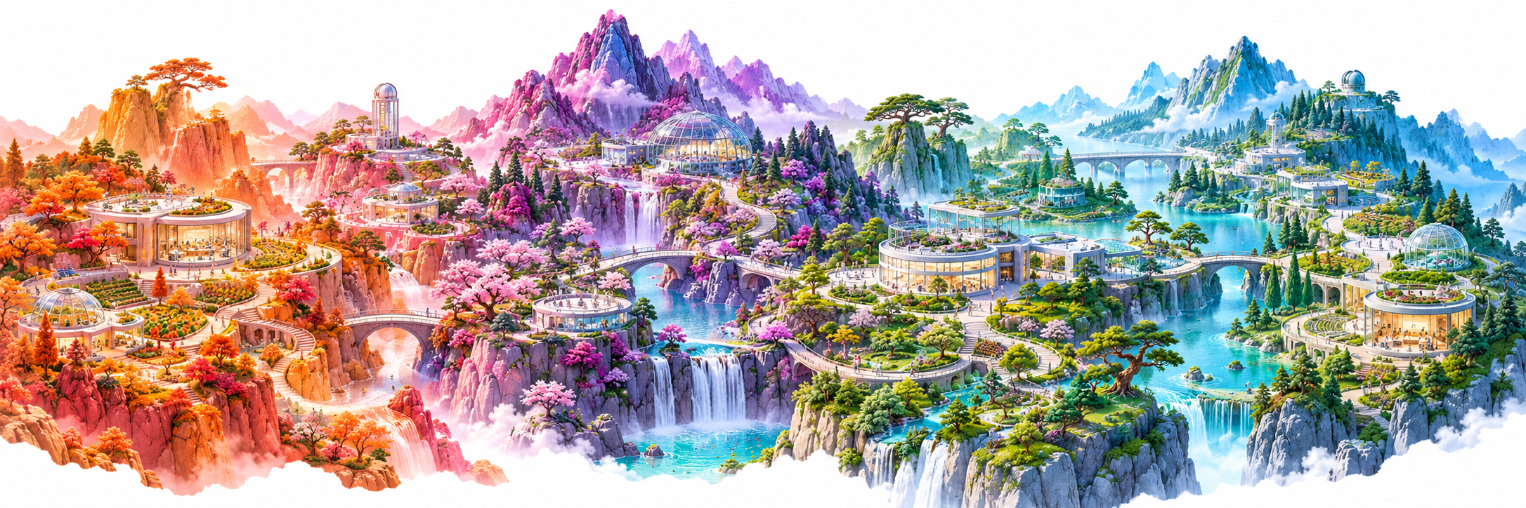 彩色山城全景：层叠山丘、缤纷建筑与蜿蜒的彩虹道路
